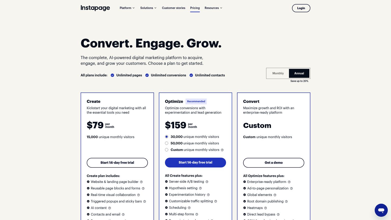 Instapage live plans page showing Create, Optimize and custom Convert pricing