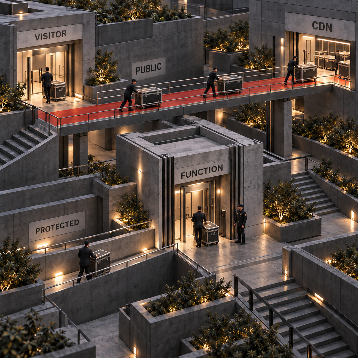 An architectural section showing public FastAPI assets taking a short path from a visitor through the CDN while protected assets pass through the Function and its guard