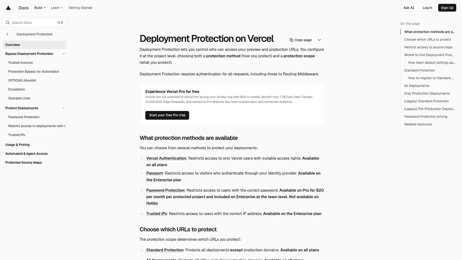وثائق Vercel Deployment Protection التي تعرض وسائل الحماية ونطاقاتها