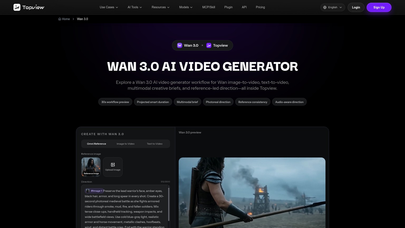 Página de geração do Wan 3.0 na Topview
