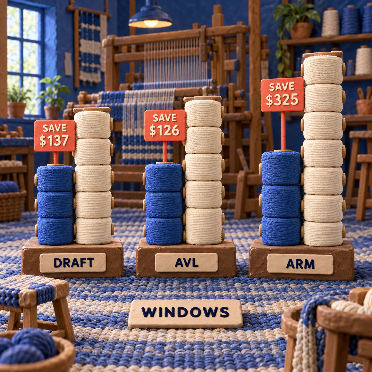 ドラフト設計で137ドル、AVLで126ドル、ARMで325ドルというFiberworksの節約額を示すクレイ風の縦棒グラフ