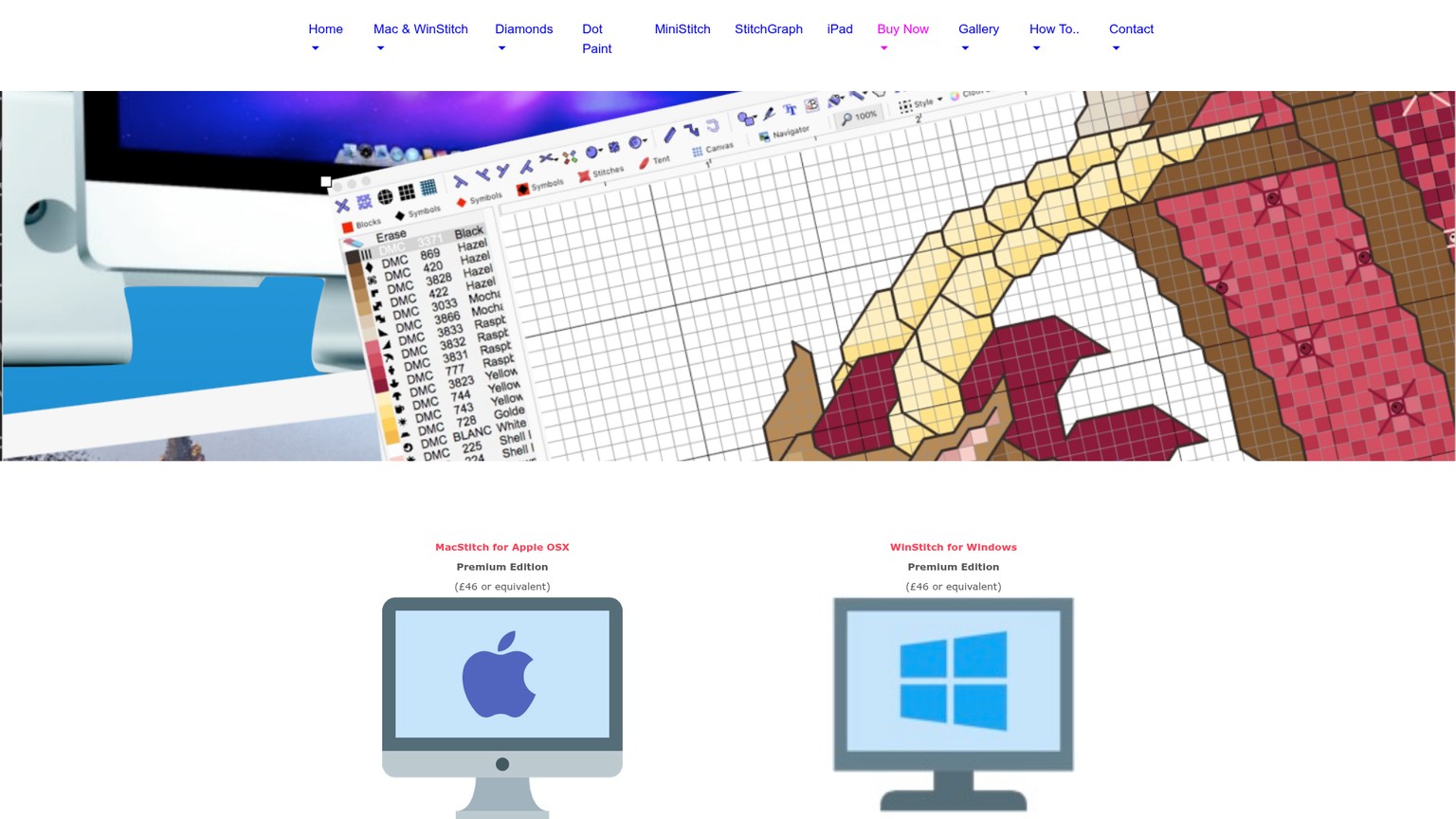صفحة شراء WinStitch وMacStitch من Ursa Software مع خيارات Premium والحزمة