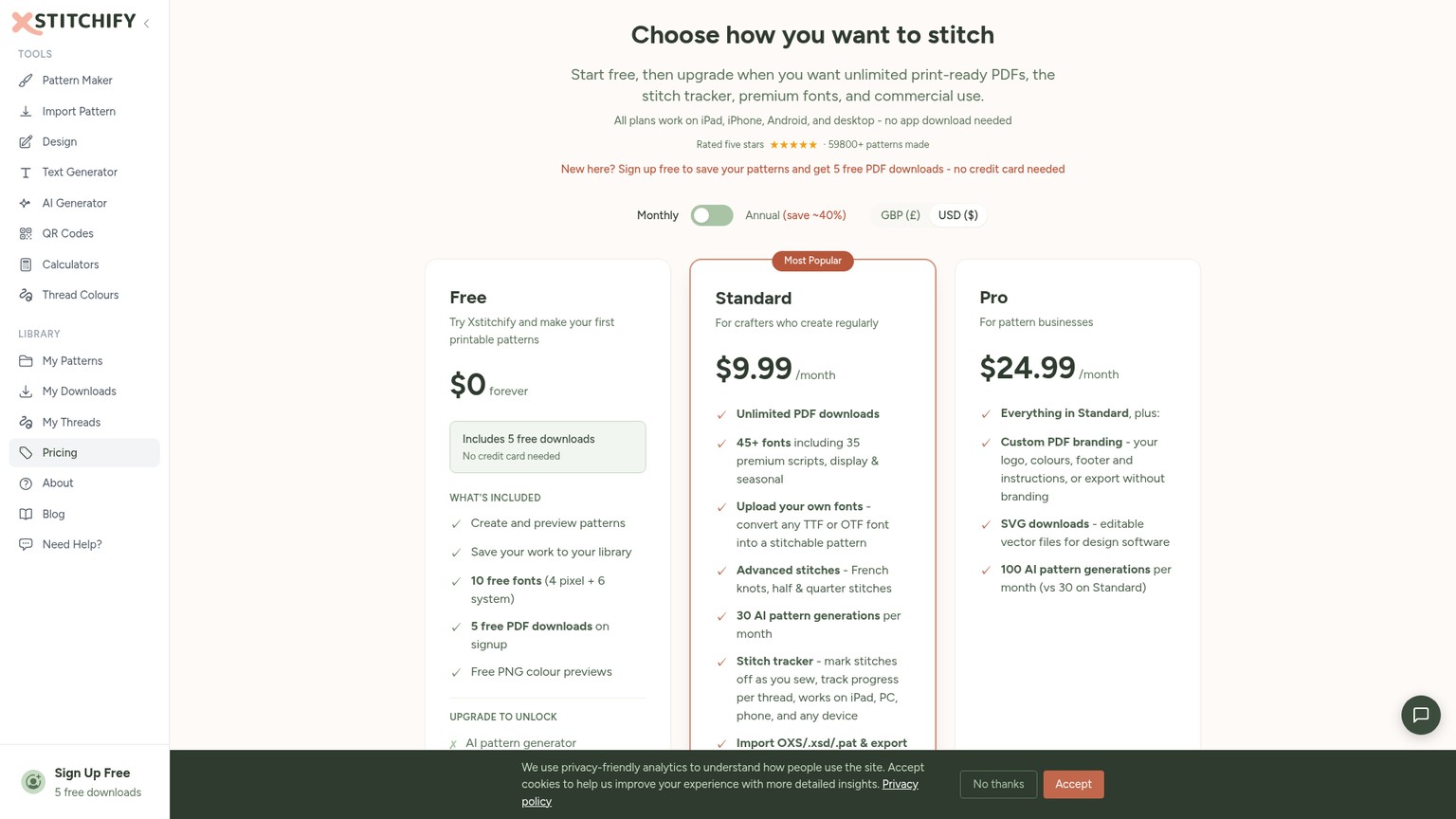 صفحة أسعار Xstitchify وتعرض خطط Free وStandard وPro
