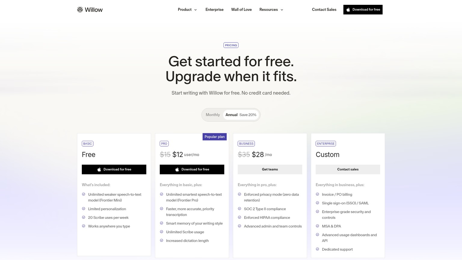 خطط Willow Basic وPro وBusiness وEnterprise مع إملاء غير محدود في Basic