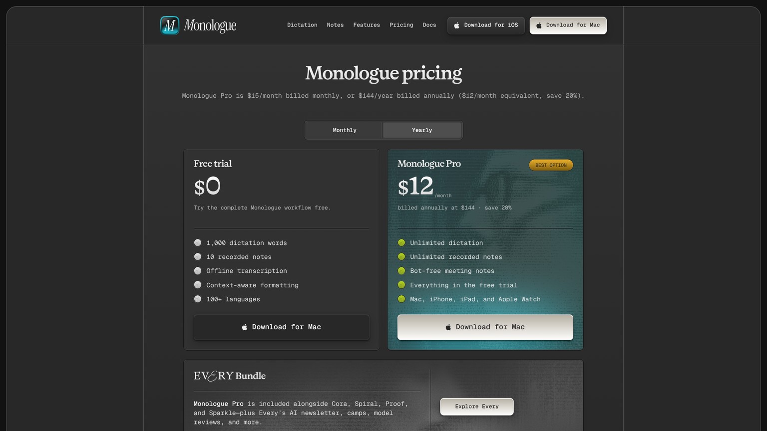 صفحة أسعار Monologue تعرض تجربته وسعر Pro السنوي وأجهزة Apple المدعومة