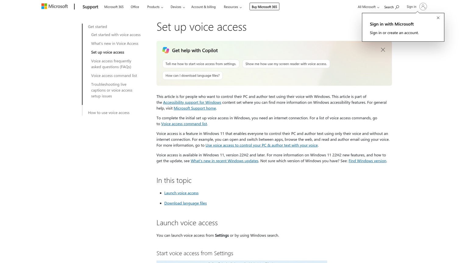 دليل إعداد Voice access من Microsoft وتنزيل اللغة على الجهاز