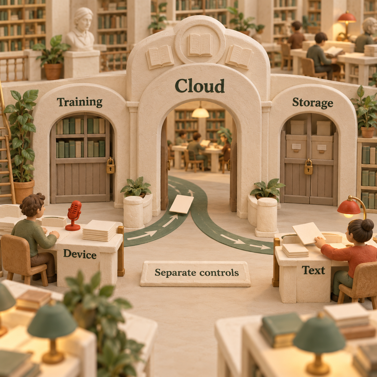 Un arco aperto per l'elaborazione nel cloud, con nicchie separate e chiuse per addestramento e archiviazione nella stessa biblioteca in argilla