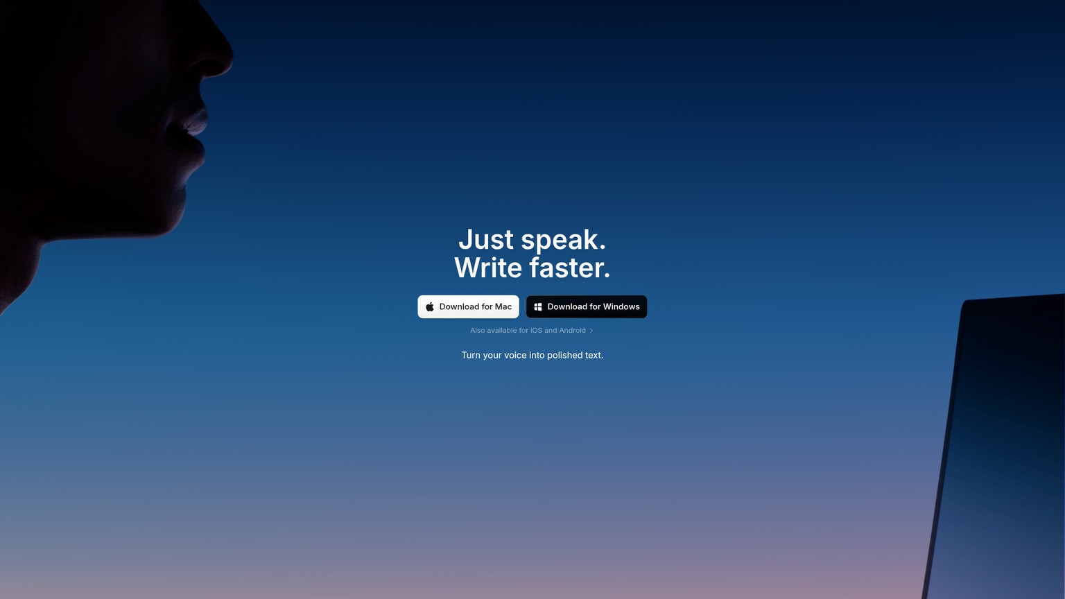 La homepage reale di Superwhisper e la sua offerta di dettatura configurabile