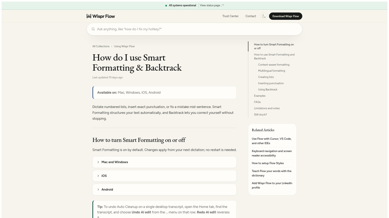 La guida reale di Wispr Flow a Smart Formatting e Backtrack