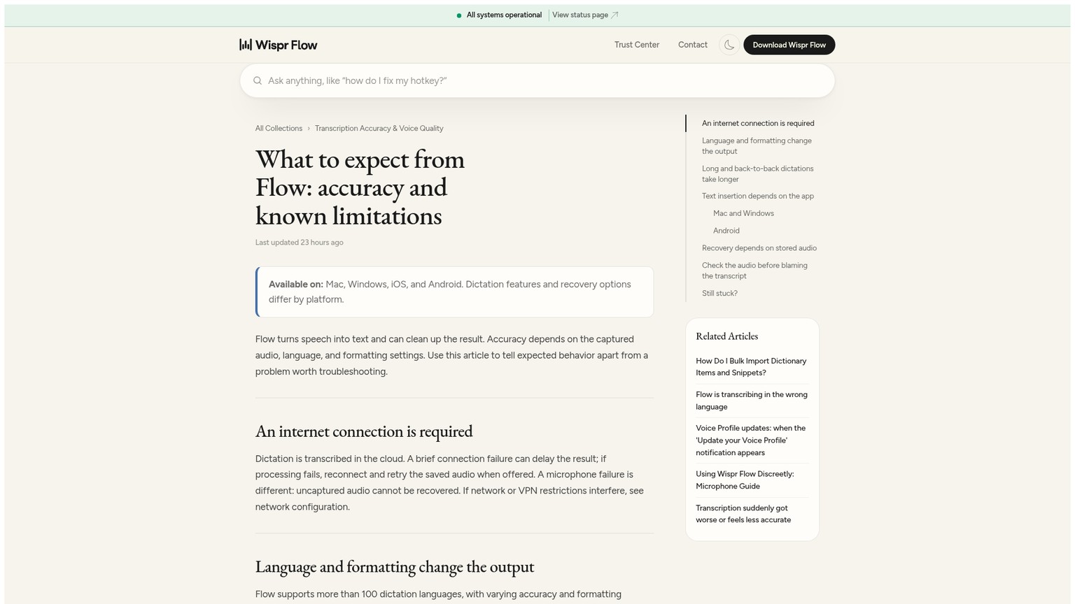 La documentazione reale di Wispr Flow su trascrizione nel cloud, accuratezza linguistica e limiti di inserimento