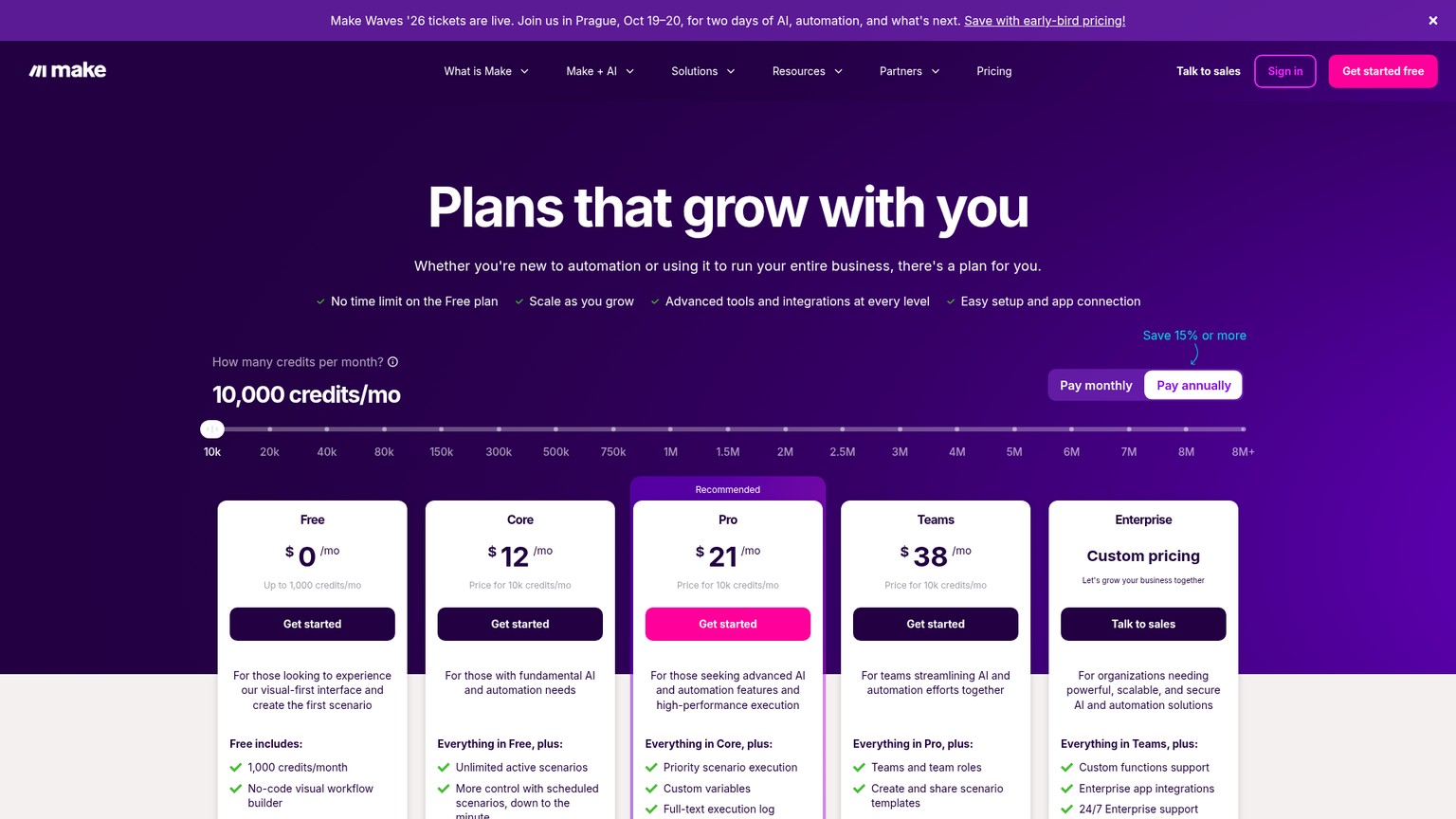 Pagina dei prezzi Make con i piani Free, Core, Pro, Teams ed Enterprise