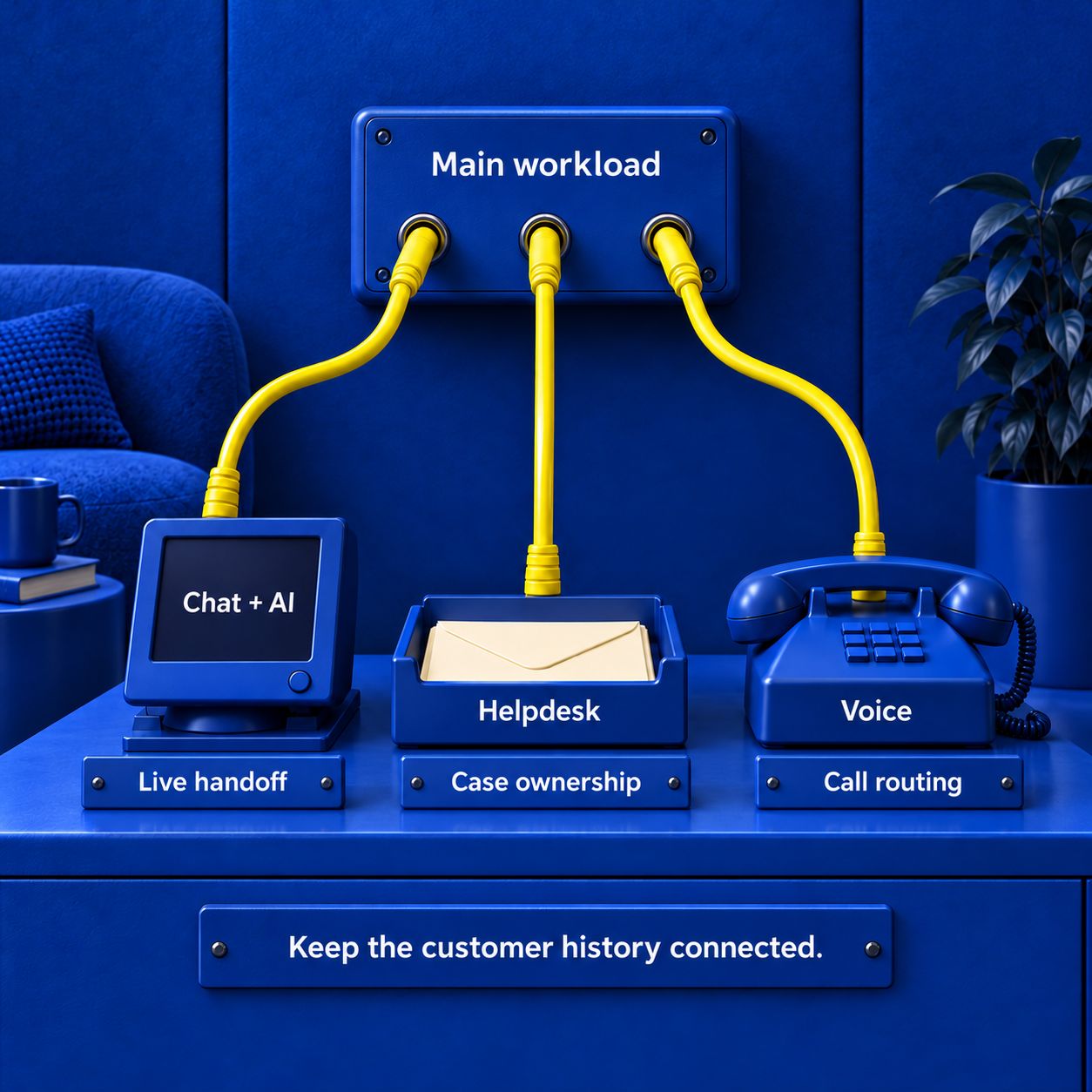Three physical paths match the main support workload to chat and AI, helpdesk case ownership, or voice routing