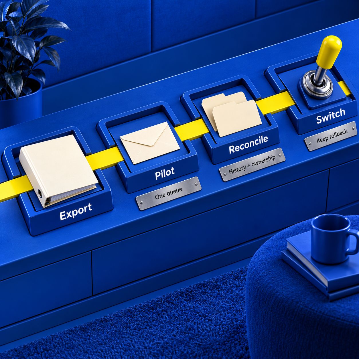 Migration timeline showing Export, Pilot, Reconcile and Switch with a rollback reminder
