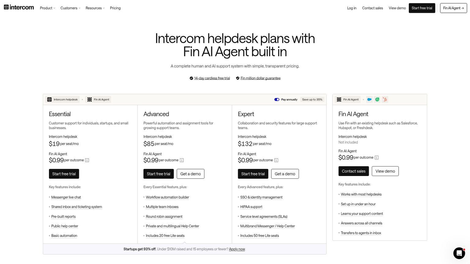 Intercom pricing page with Essential, Advanced, Expert and Fin outcome billing