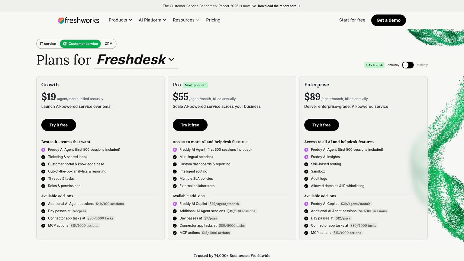 Freshdesk pricing with Growth, Pro, Enterprise and AI session add-ons