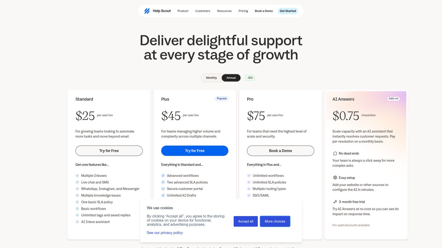 Help Scout current user-based plans and AI Answers resolution price