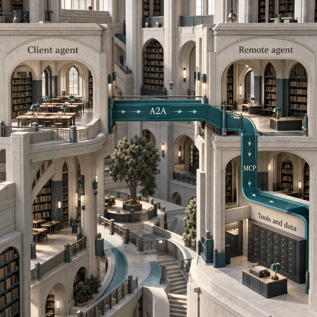 Architectural model connecting a client agent to a remote agent by A2A, then connecting the remote agent to tools and data by MCP