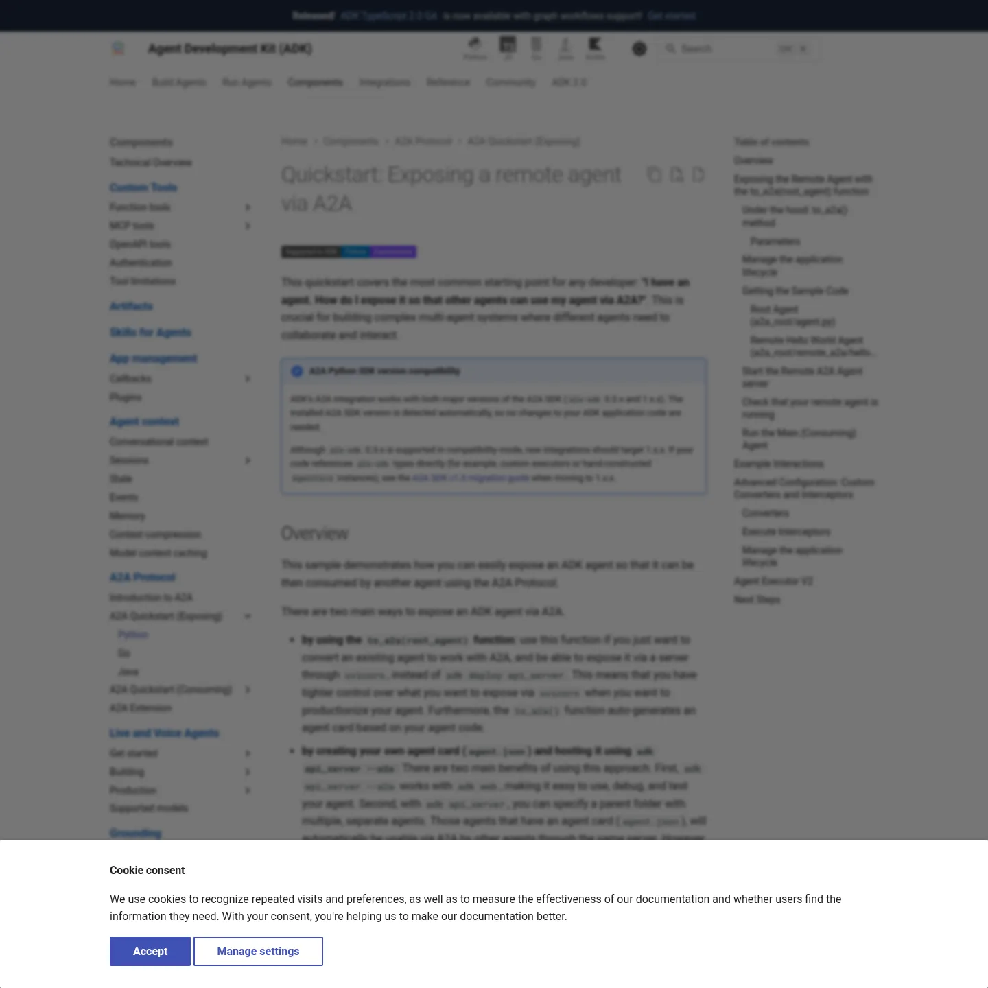 Google ADK documentation for exposing an agent through A2A