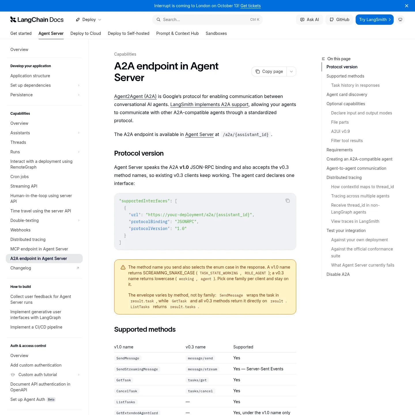 LangSmith Agent Server documentation showing A2A support and protocol methods