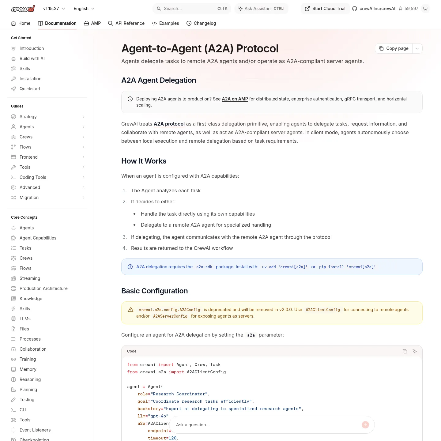 CrewAI documentation for A2A client and server agent configuration
