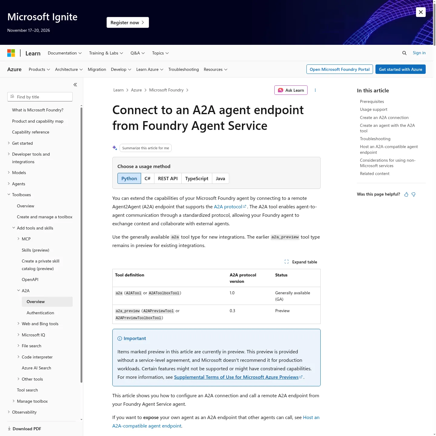 Microsoft Foundry documentation describing A2A tool types and supported protocol versions
