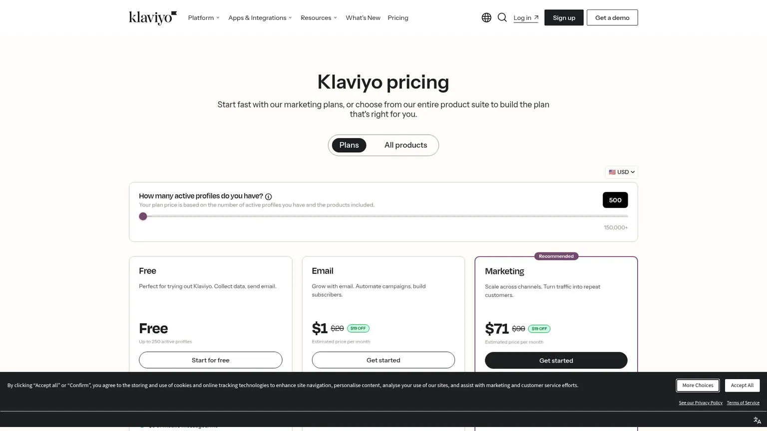 Email๊ณผ Marketing ๋ฒ๋ค์ ๊ตฌ๋ถํด ๋ณด์ฌ ์ฃผ๋ Klaviyo ๊ฐ๊ฒฉ ํ์ด์ง
