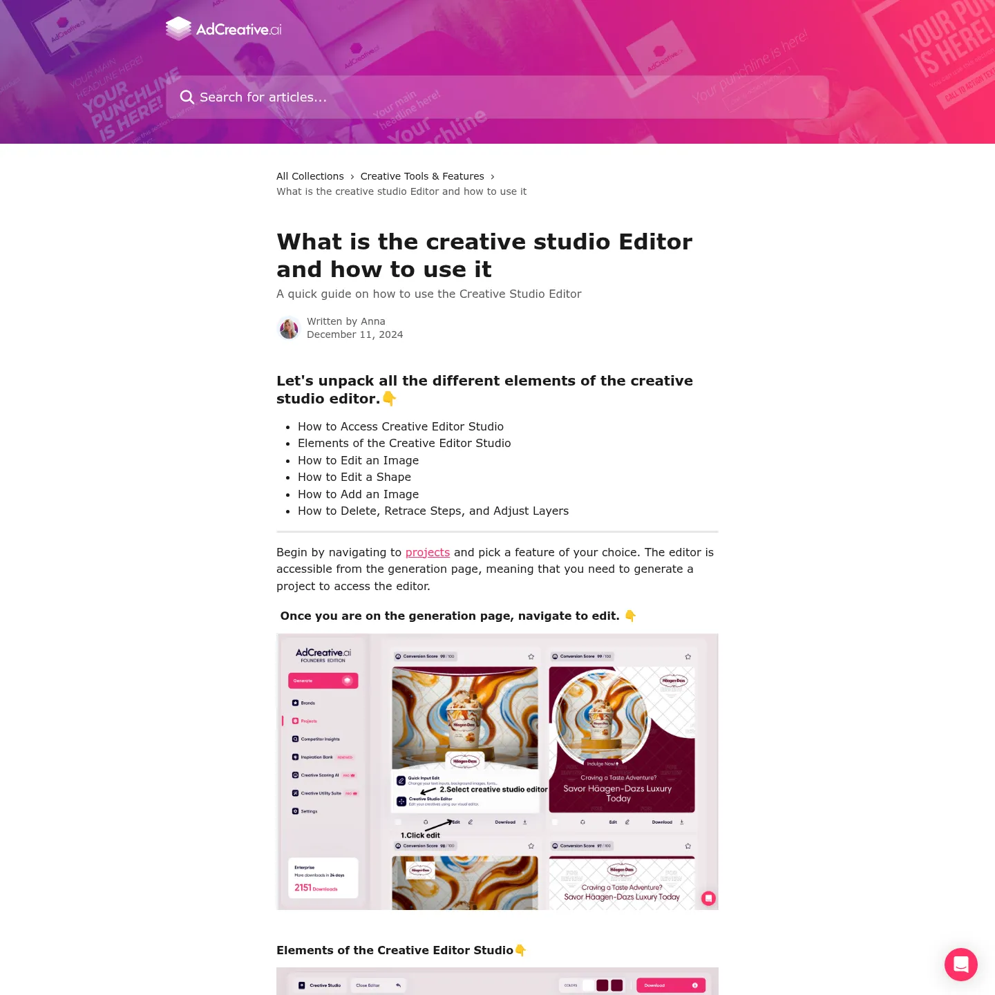 AdCreative.ai official Creative Studio Editor guide illustrating text, image and layer editing.
