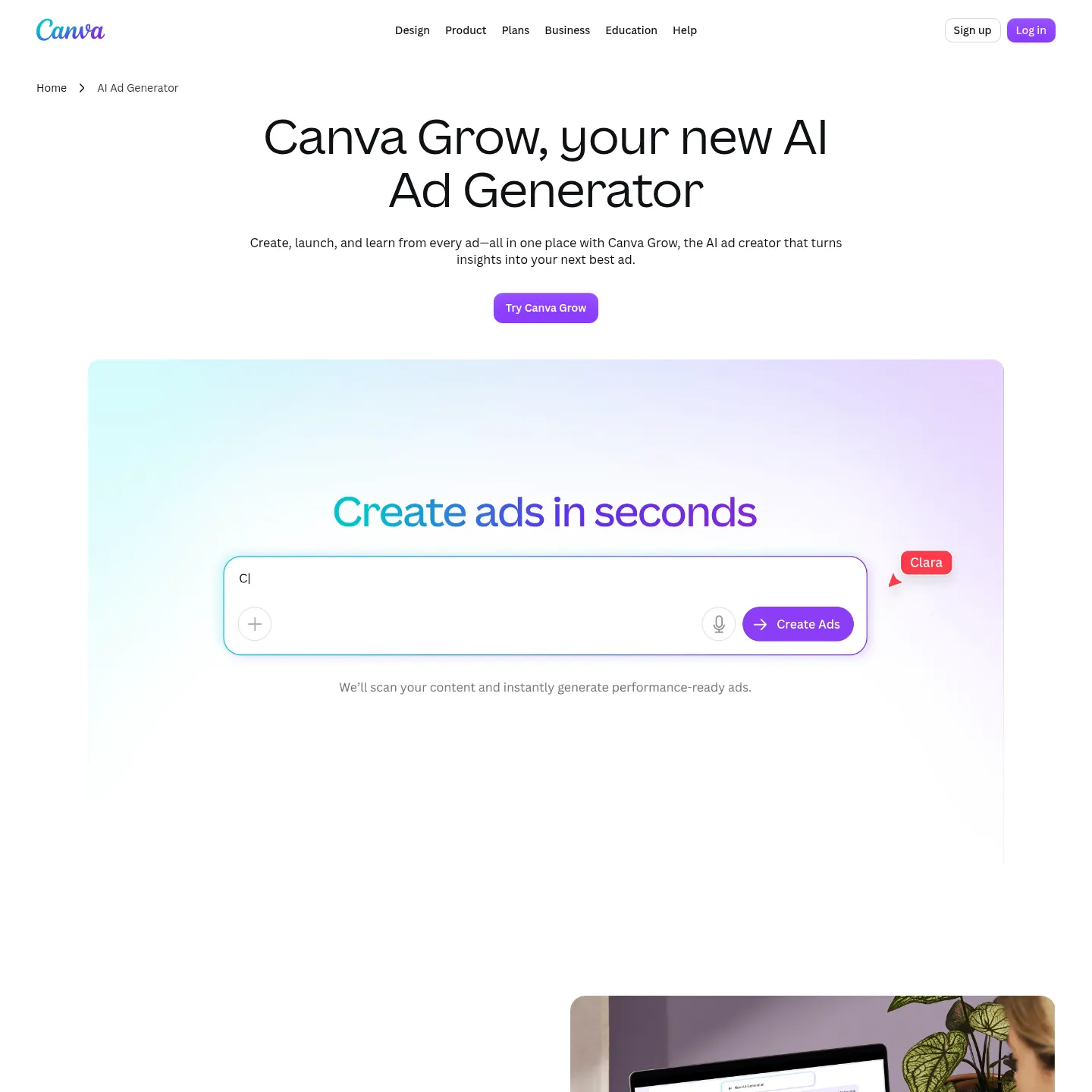 Canva Grow page showing its ad generation and editable design workflow.
