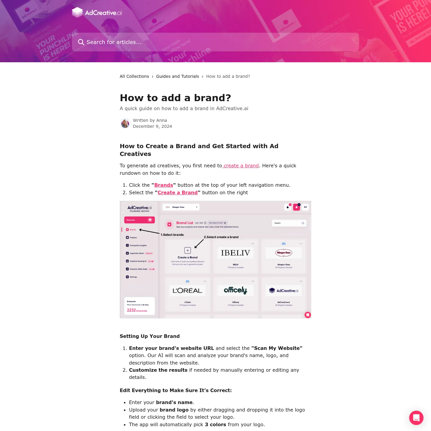 AdCreative.ai official brand setup guide with its public onboarding illustration.