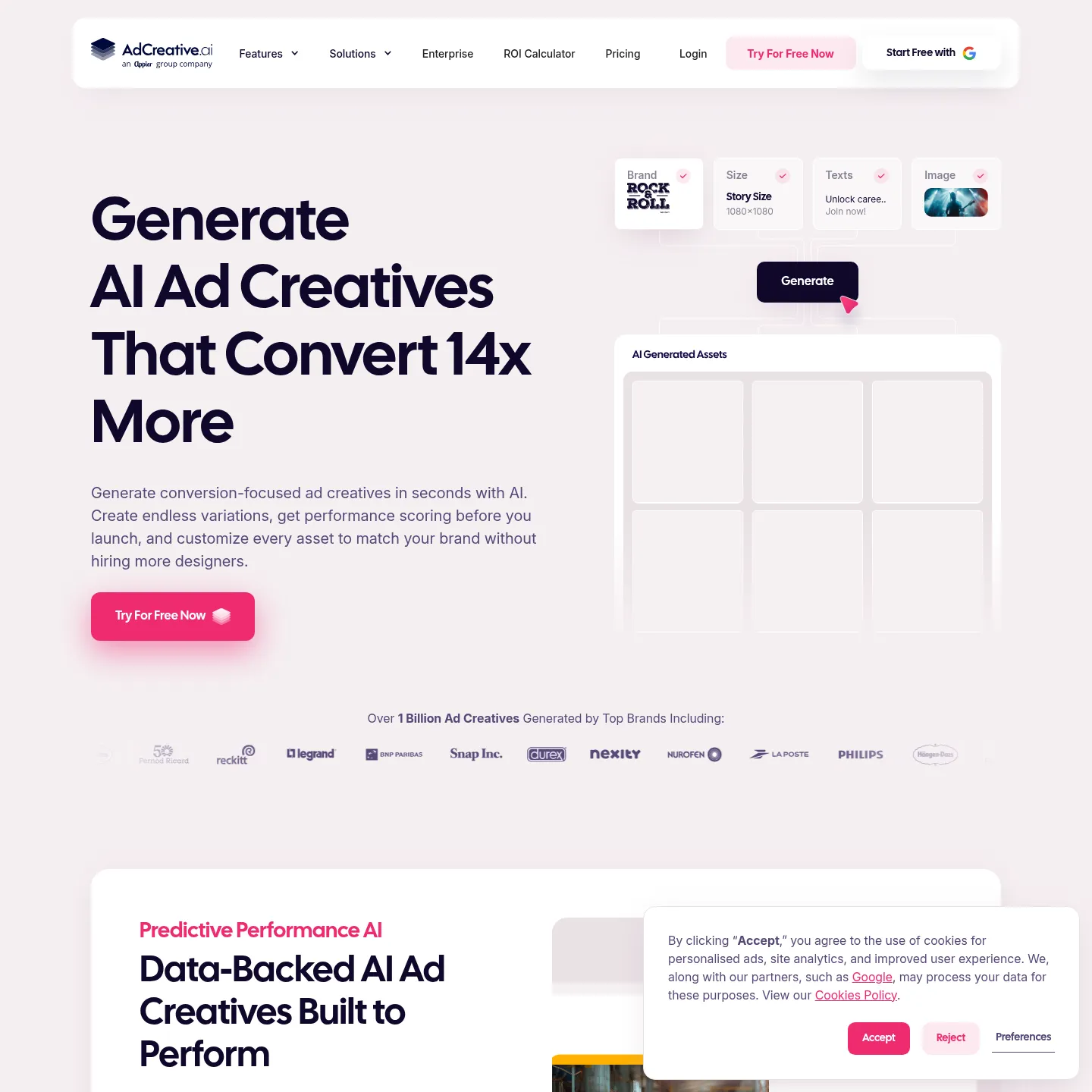AdCreative.ai ad creatives page containing its own example layouts and customization demonstration.