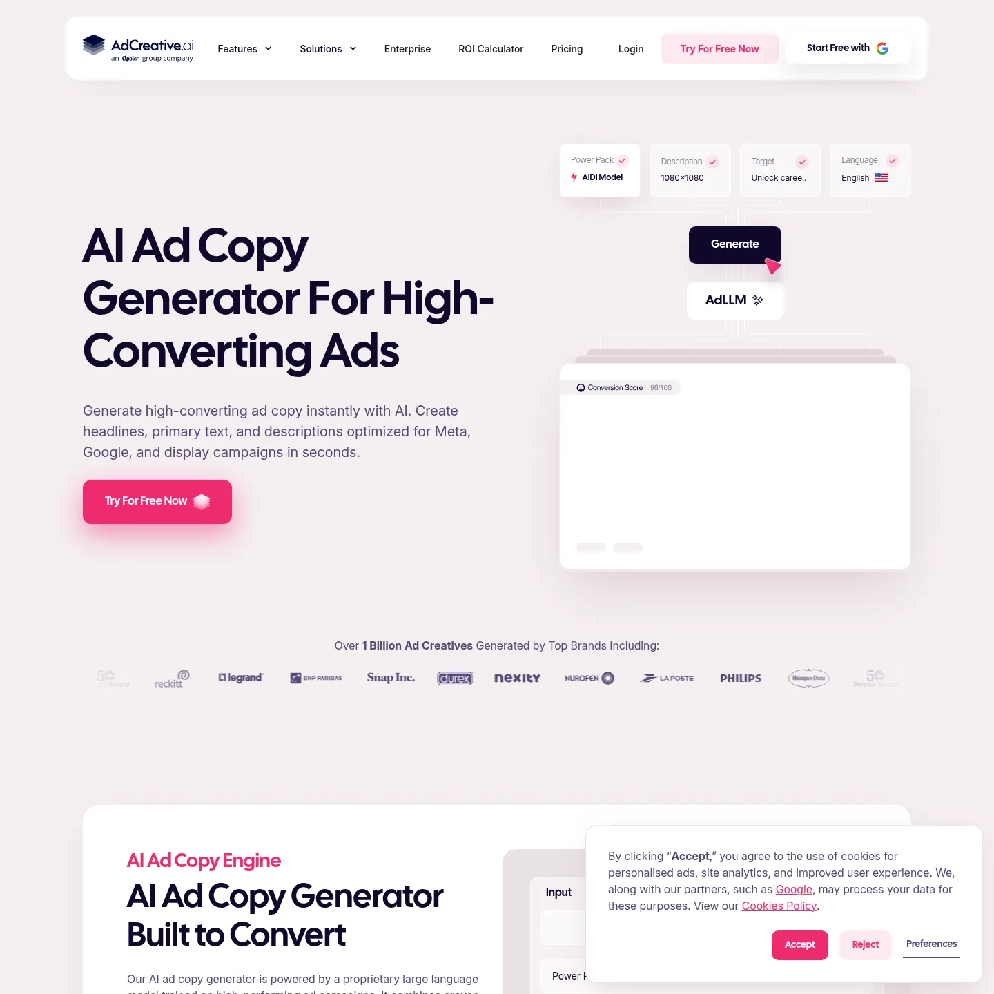 AdCreative.ai copy generation feature page showing headline and ad-text workflows.