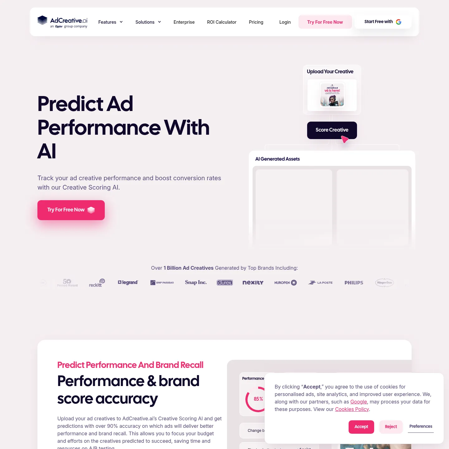 AdCreative.ai Creative Scoring page showing predicted performance, awareness and attention analysis.