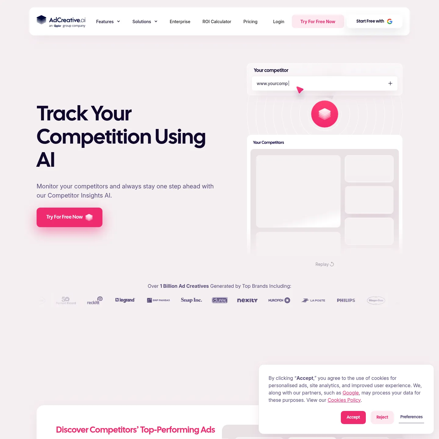AdCreative.ai Competitor Insights page showing competitor ads and estimated traffic information.