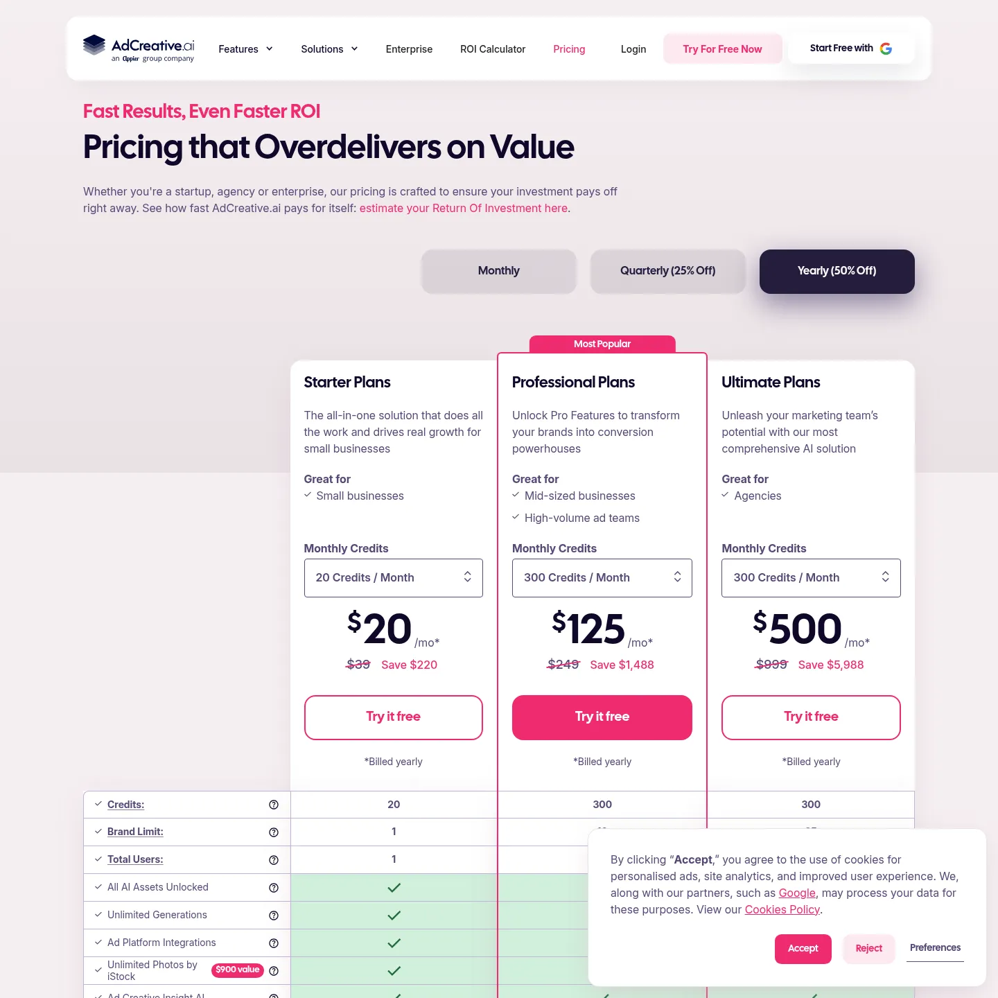 AdCreative.ai homepage pricing section containing Starter and Professional plan offers.