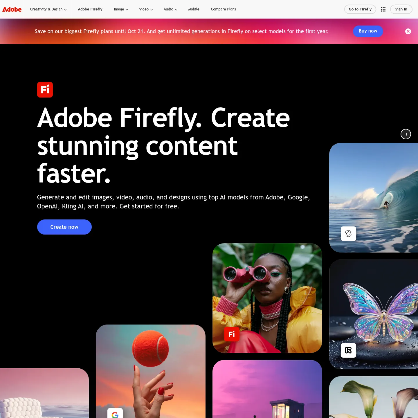 Adobe Firefly website showing its image, video and audio creation tools