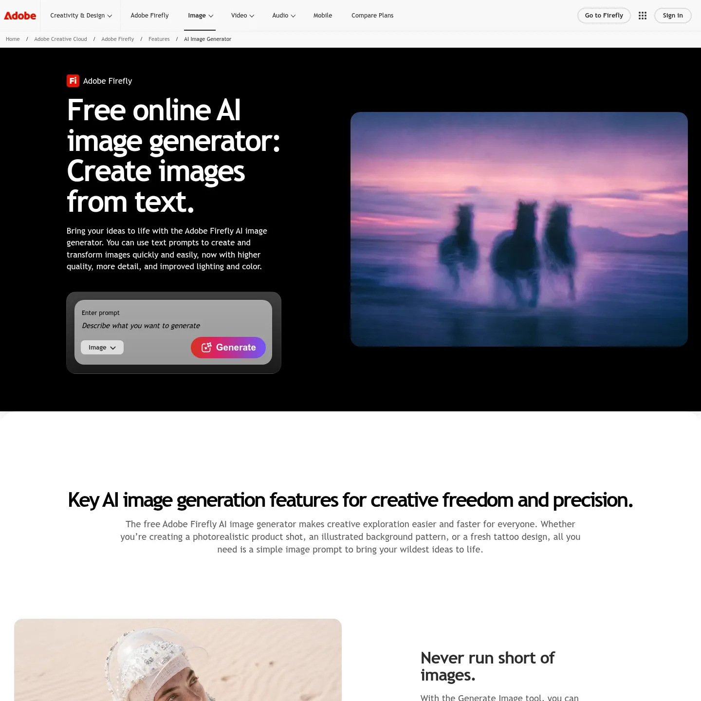 Adobe Firefly image generation page with prompt and visual controls