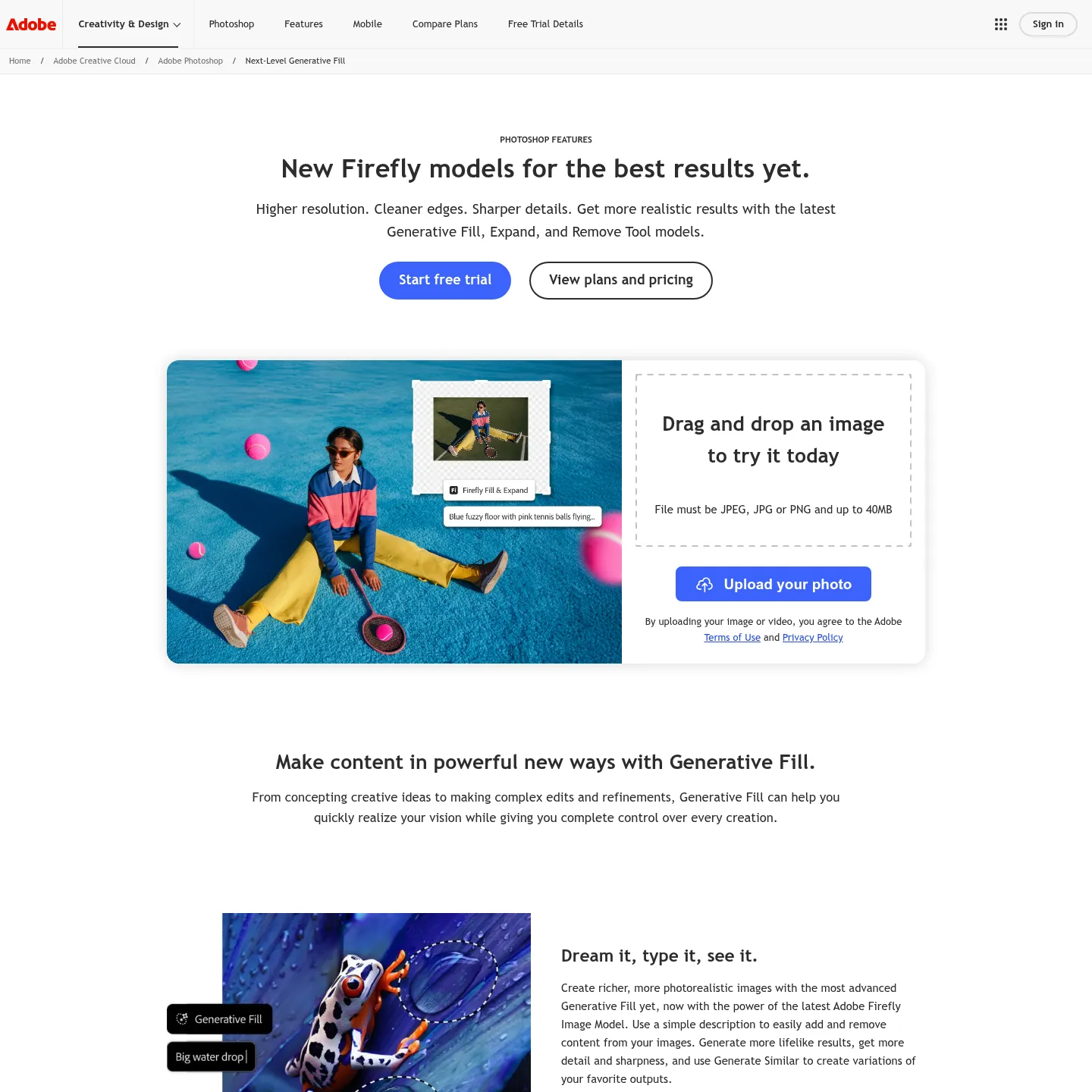 Adobe Photoshop Generative Fill page with Adobe's frog and water-droplet example