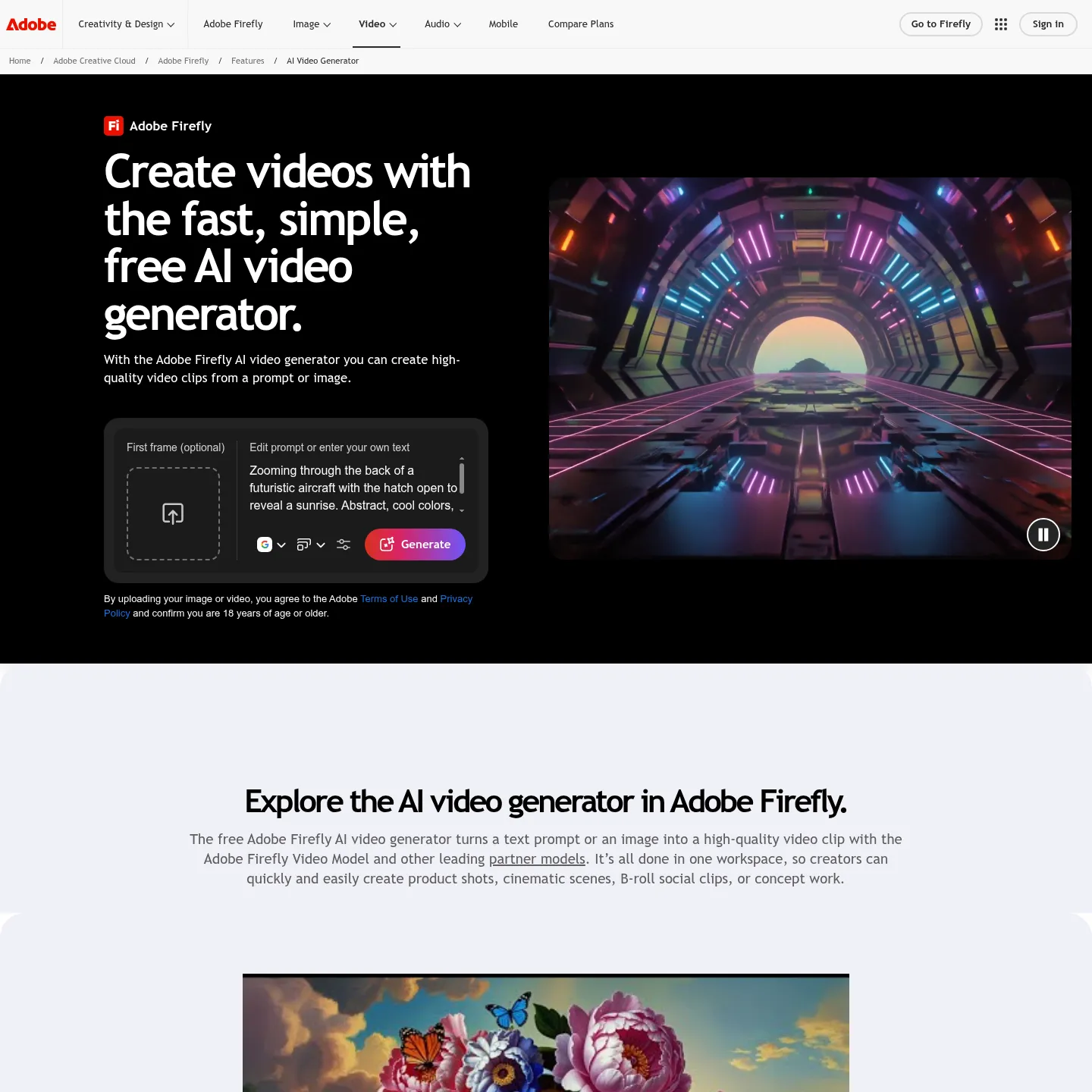 Adobe Firefly video generation page showing model choices and creation workflows