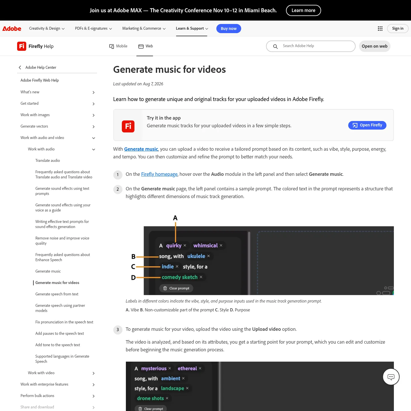 Adobe Firefly Generate Music documentation with mood, energy and tempo controls