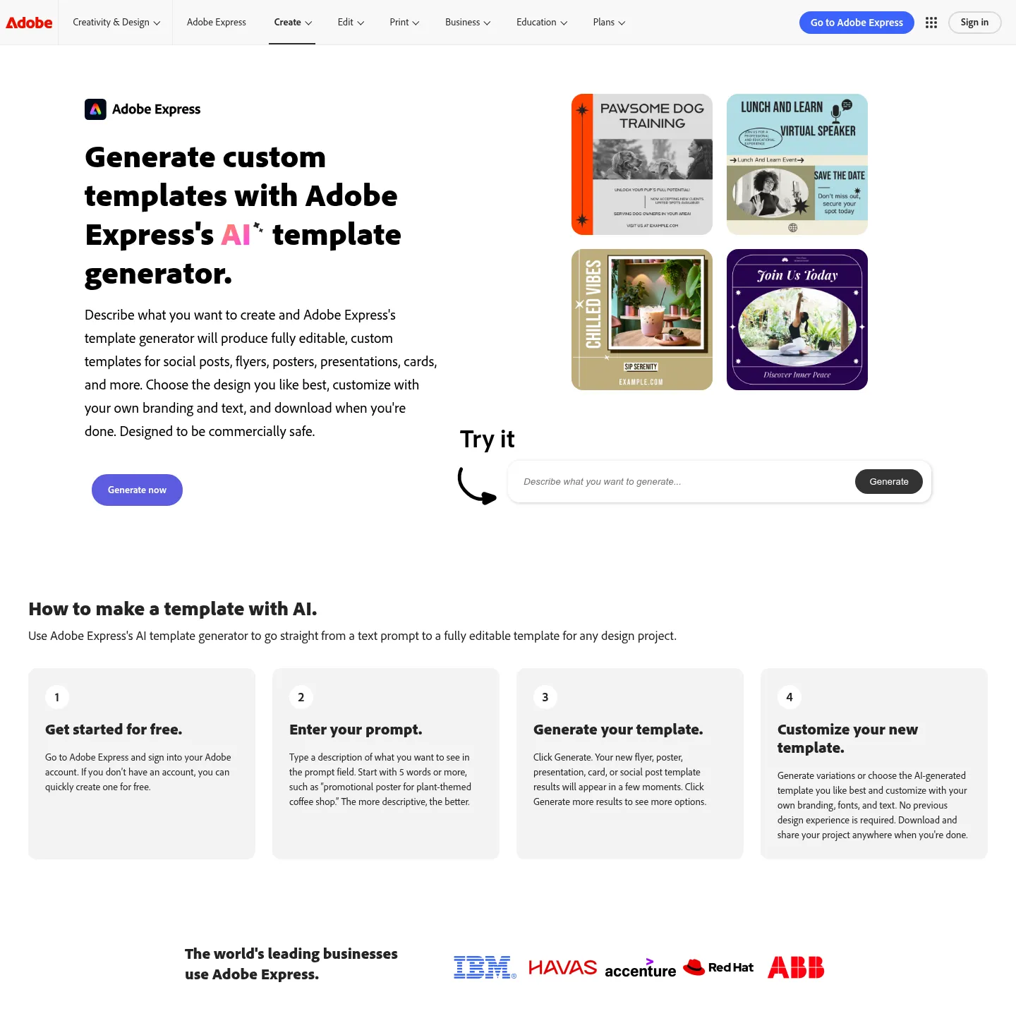 Adobe Express AI template generator with editable design examples