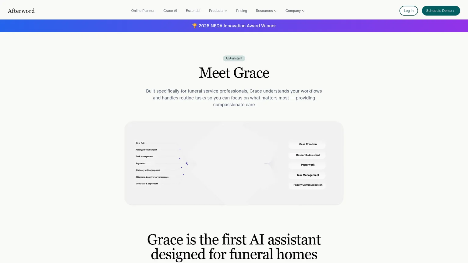 Страница ИИ-ассистента Afterword Grace с функциями Photo to Case и совместной работы с семьей
