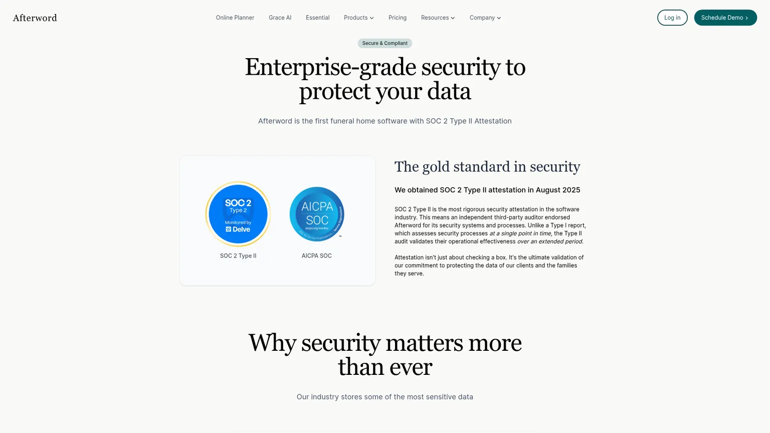 Страница безопасности Afterword с информацией об аттестации SOC 2 Type II
