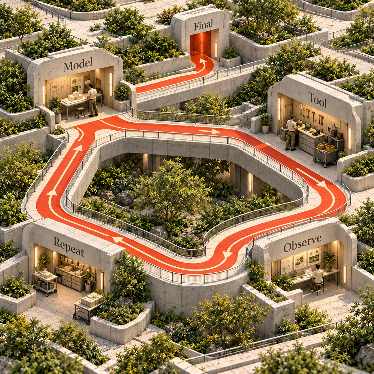 Recorrido arquitectónico que conecta las etapas de modelo, herramienta, observación y repetición, con una salida final independiente desde el modelo.