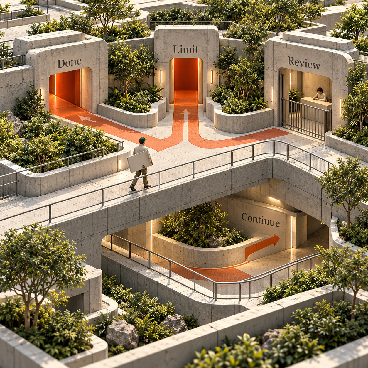 Distribuidor arquitectónico con salidas de tarea completada, límite y revisión con acceso controlado, sobre un paso para continuar.