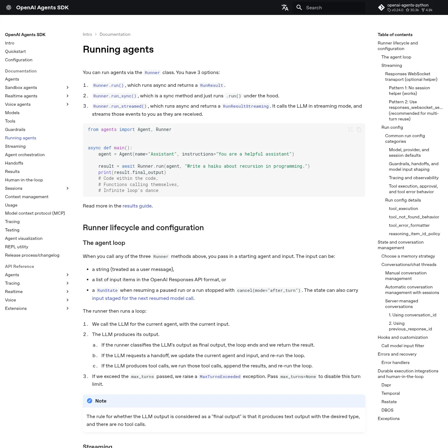 Documentación de OpenAI Agents SDK sobre Runner y el bucle del agente.