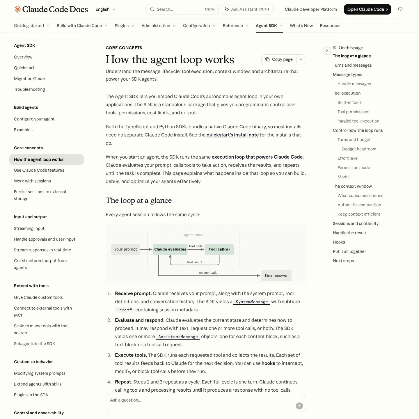 Documentación de Claude Agent SDK sobre el bucle del agente y los controles de ejecución.