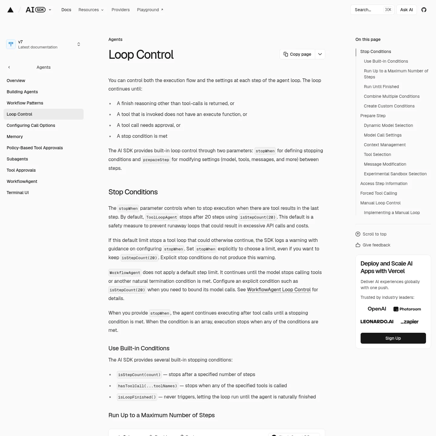 Documentación de Vercel AI SDK sobre el control del bucle y sus condiciones de parada.