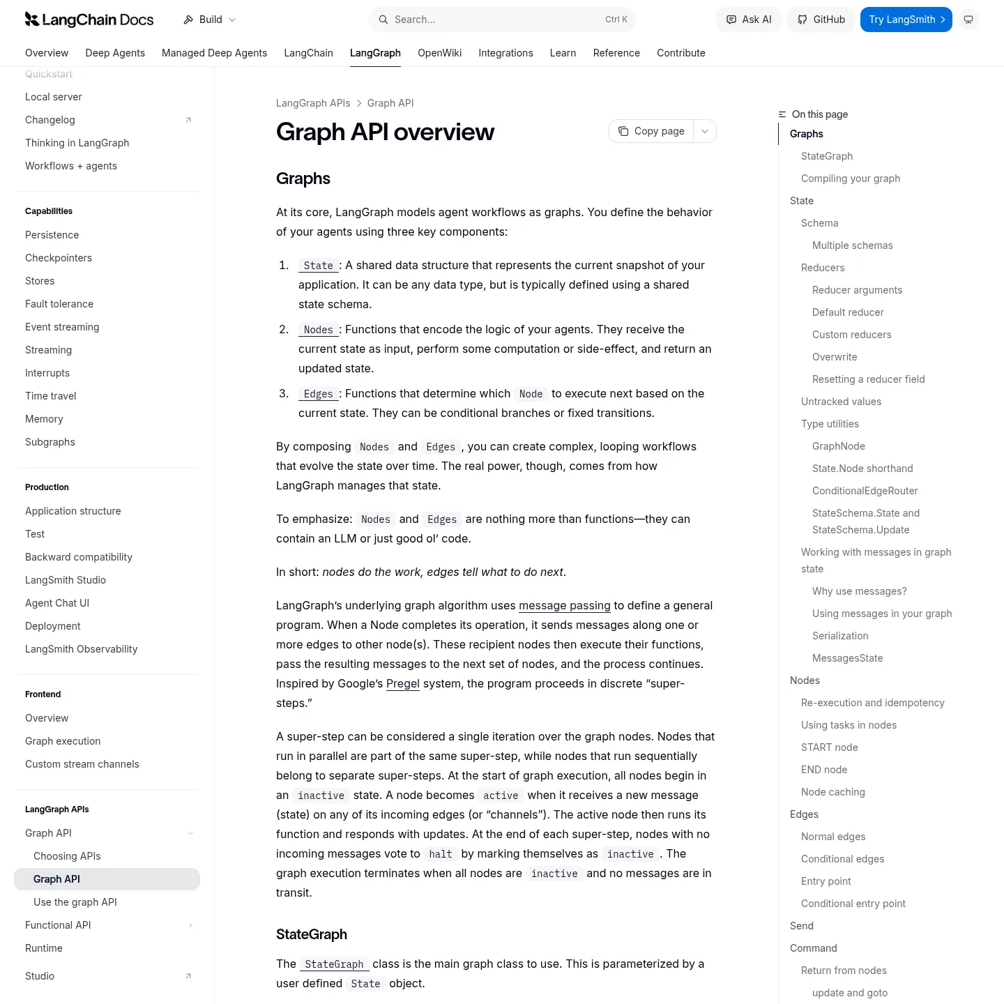 Documentación de la Graph API de LangGraph sobre estado, nodos, aristas y ejecución.