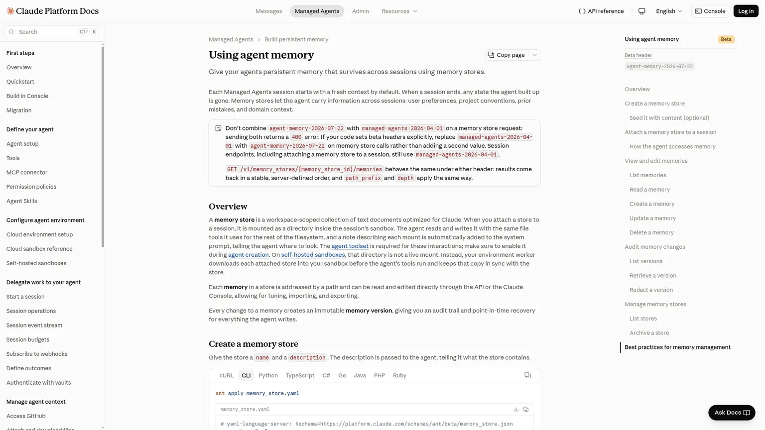 Anthropic public documentation for persistent Managed Agents memory stores