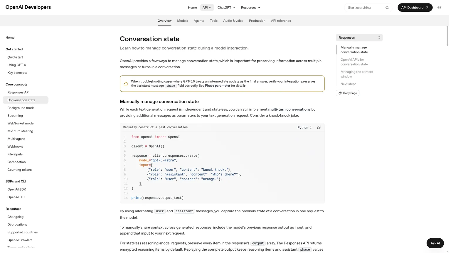 OpenAI public conversation-state documentation covering Conversations and previous response identifiers